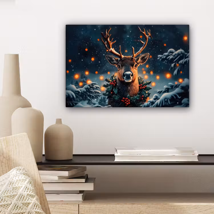 Canvas schilderij - Hert - Kerst - Winter - Sneeuw - Kerstkrans — 5