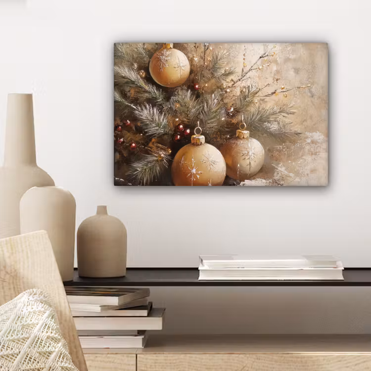 Canvas schilderij - Kerst - Kerstballen - Beige - Goud — 5