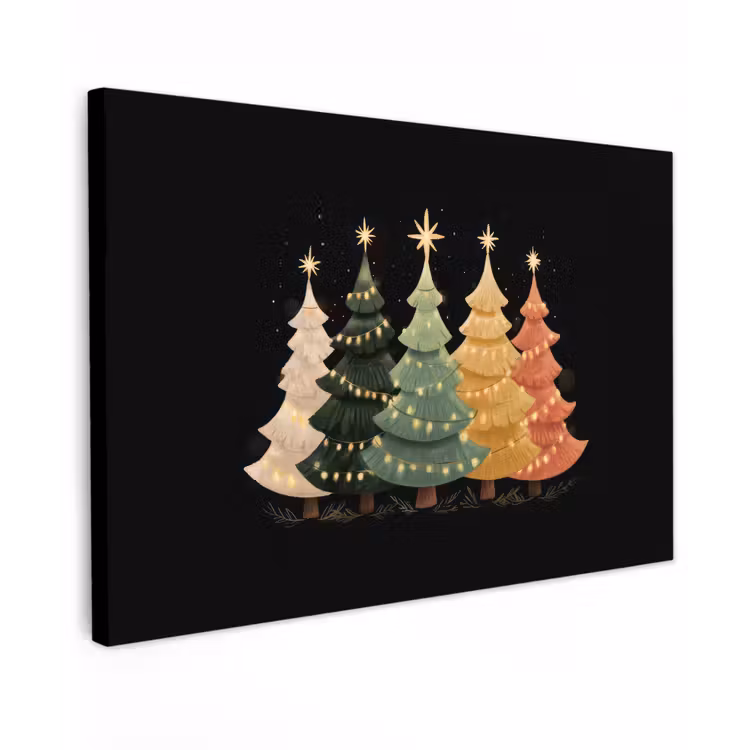 Canvas schilderij - Kerstbomen - Kleurrijk - Lichtjes - Ster — 1