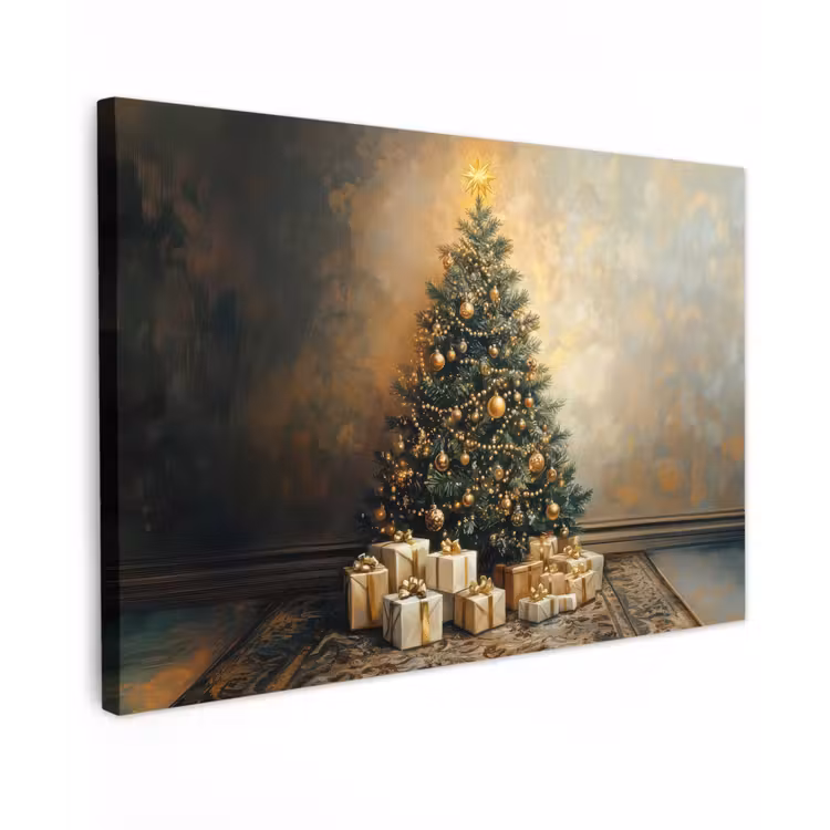 Canvas schilderij - Kerstboom - Cadeaus - Goud — 1