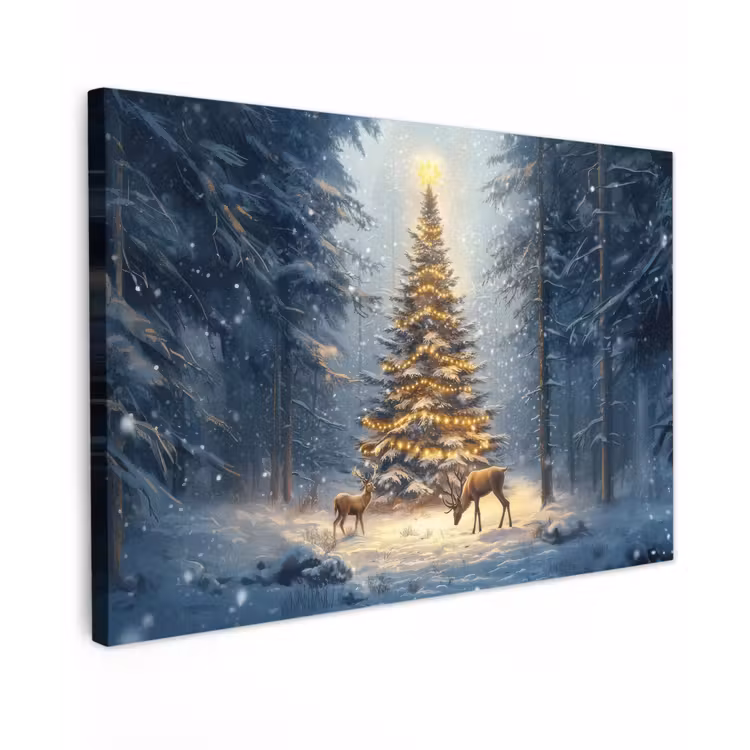 Canvas schilderij - Kerstlicht - Woud - Hert - Donker — 1