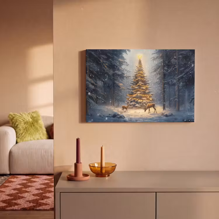 Canvas schilderij - Kerstlicht - Woud - Hert - Donker — 2