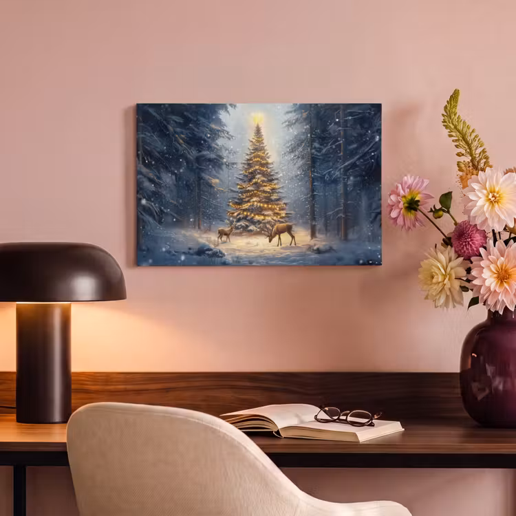 Canvas schilderij - Kerstlicht - Woud - Hert - Donker — 4