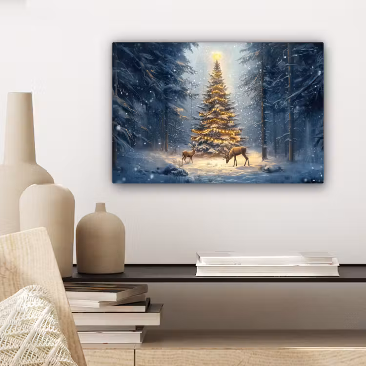 Canvas schilderij - Kerstlicht - Woud - Hert - Donker — 5
