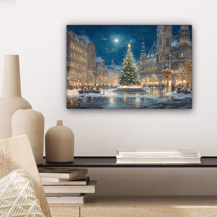 Canvas schilderij - Kerstnacht - Stadsplein - Meerkleurig — 5