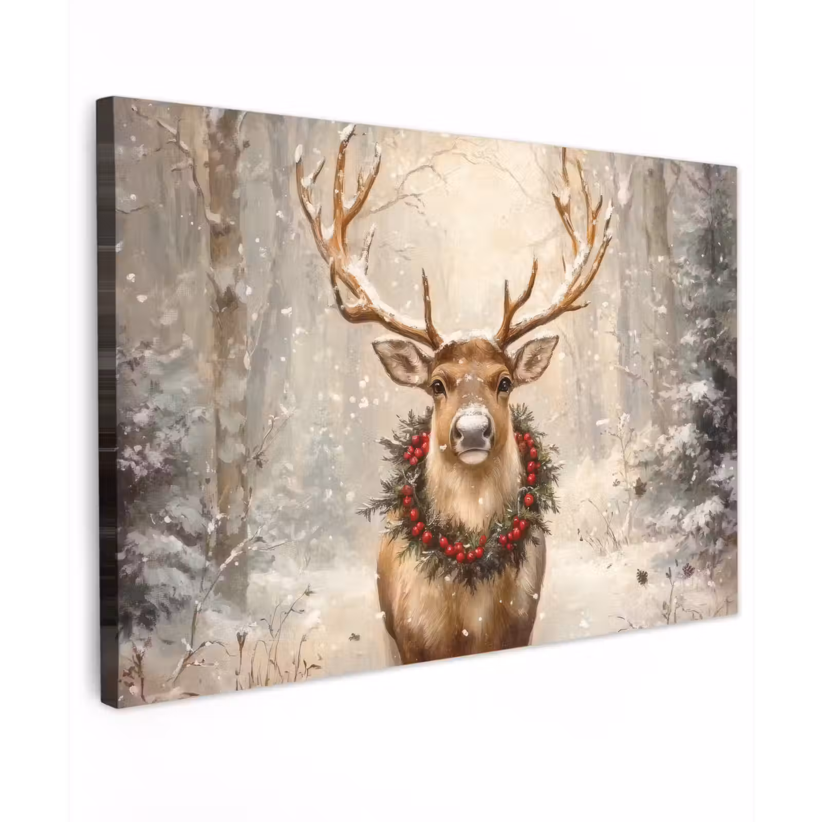 Canvas schilderij - Kerst - Rendier - Winter - Krans — 1