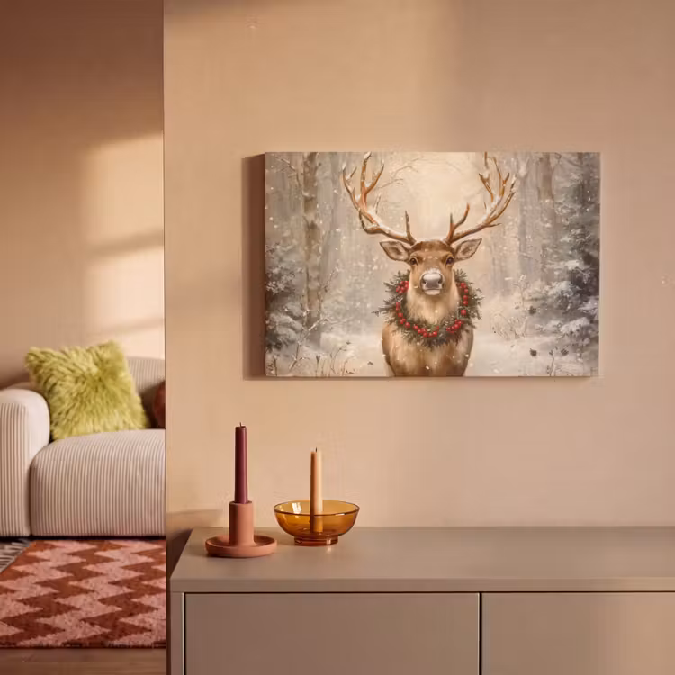 Canvas schilderij - Kerst - Rendier - Winter - Krans — 2