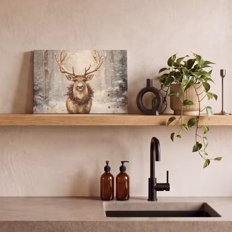Canvas schilderij - Kerst - Rendier - Winter - Krans — 3