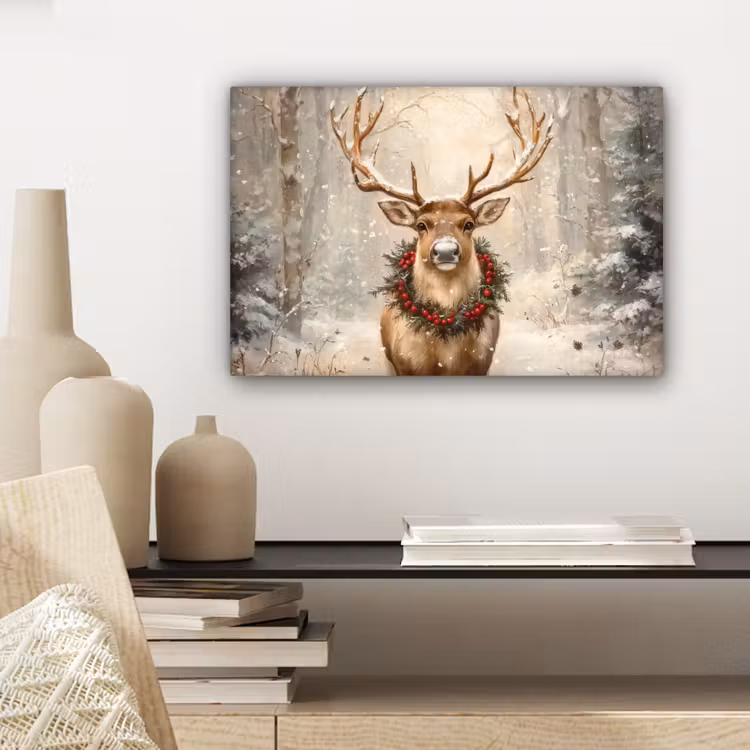 Canvas schilderij - Kerst - Rendier - Winter - Krans — 5