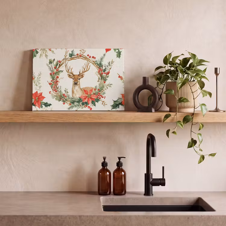 Canvas schilderij - Kerstkrans - Hert - Hulst - Rood — 3