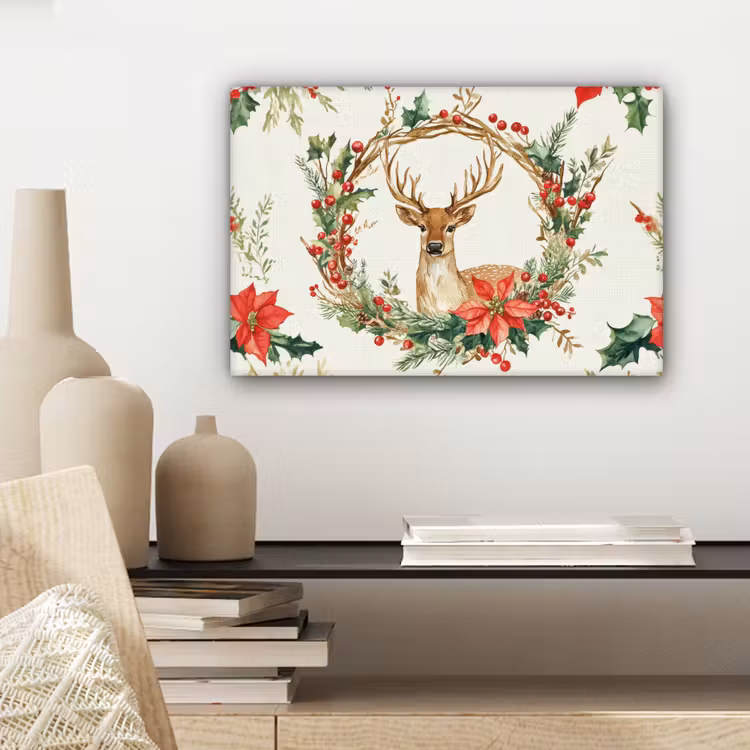Canvas schilderij - Kerstkrans - Hert - Hulst - Rood — 5