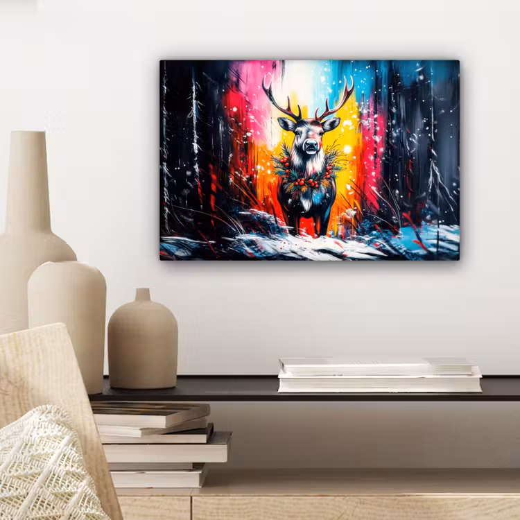 Canvas schilderij - Rendier - Gewei - Krans - Kleurrijk — 5