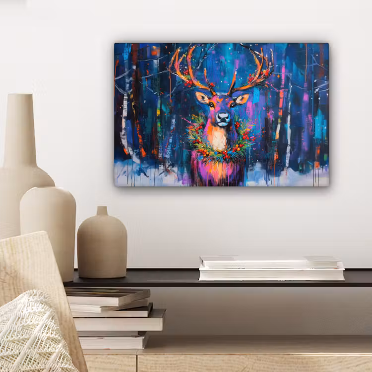 Canvas schilderij - Rendier - Krans - Sprookjesachtig - Blauw — 5