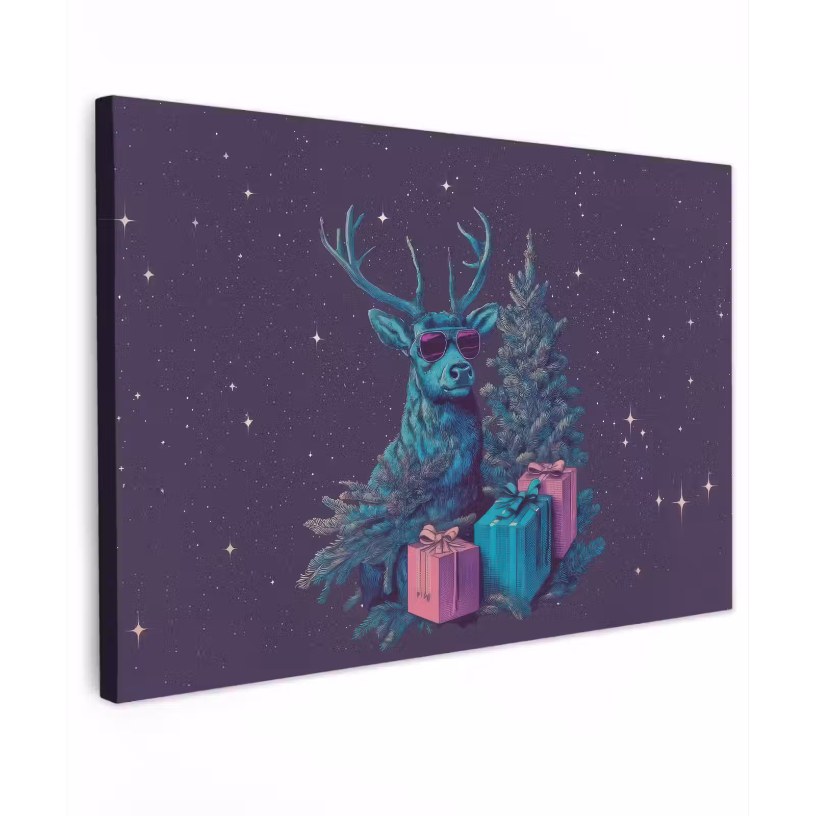 Canvas schilderij - Rendier - Zonnebril - Neon - Kerstboom — 1