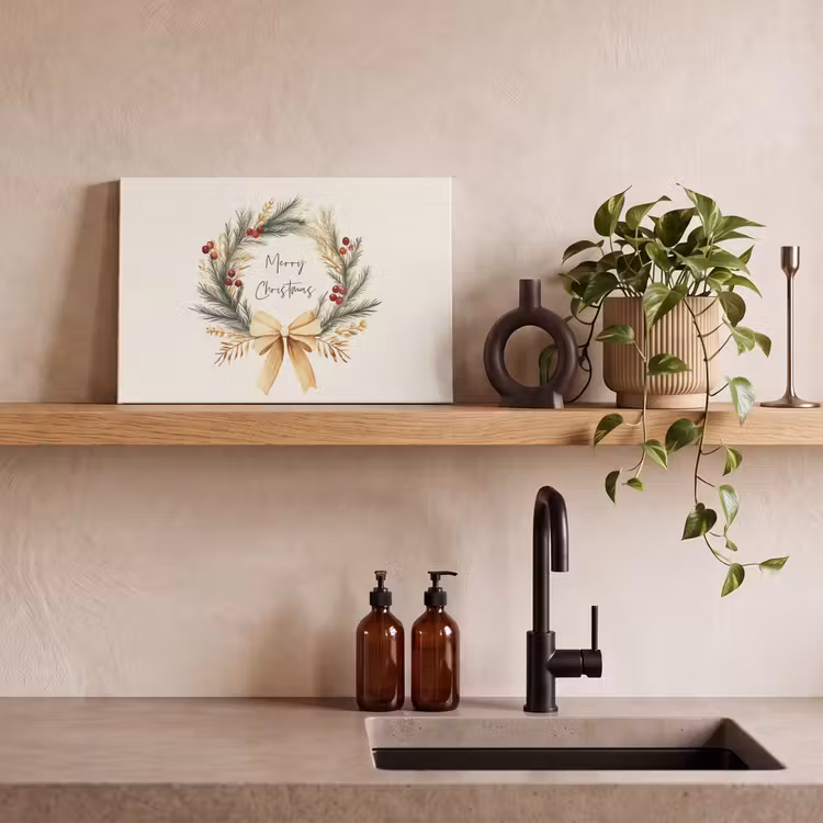 Canvas schilderij - Kerstkrans - Kerst - Goud - Beige — 3