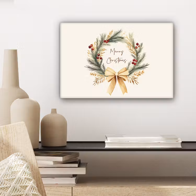 Canvas schilderij - Kerstkrans - Kerst - Goud - Beige — 5