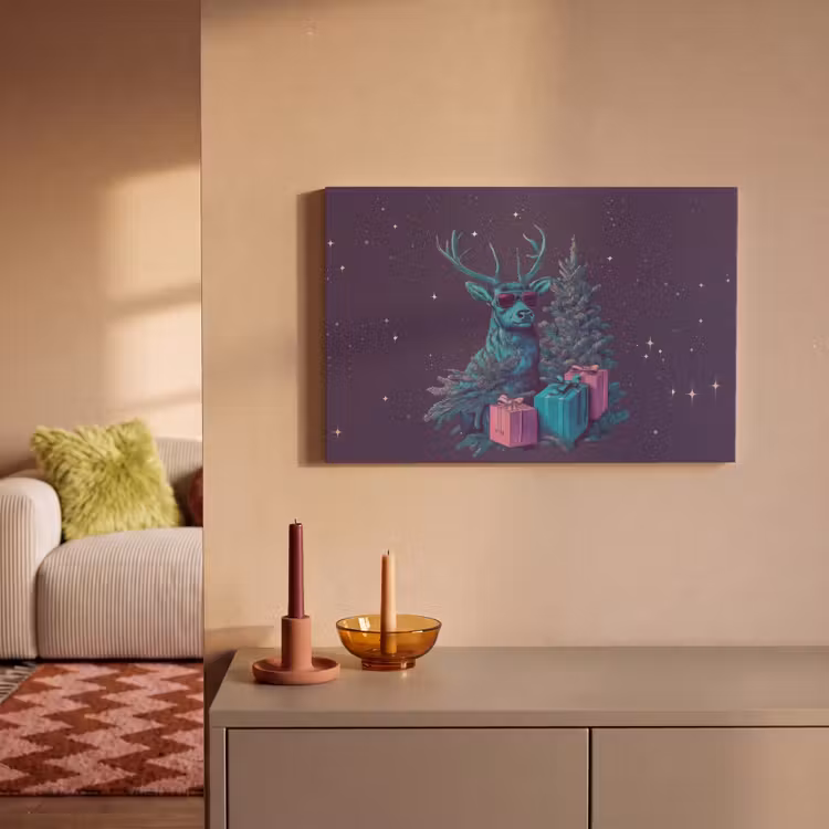 Canvas schilderij - Rendier - Zonnebril - Neon - Kerstboom — 2