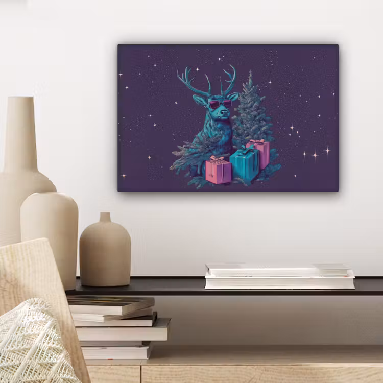 Canvas schilderij - Rendier - Zonnebril - Neon - Kerstboom — 5