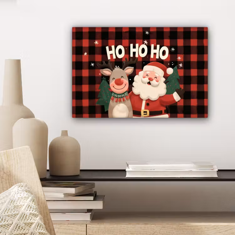 Canvas schilderij - Kerstman - Rendier - Tekst - Rood - Zwart — 5