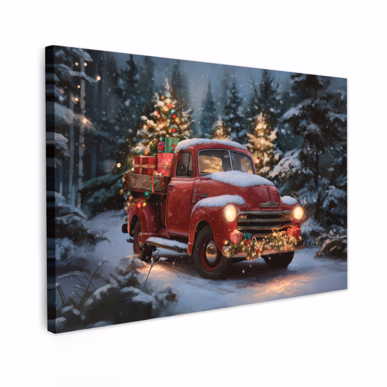 Canvas schilderij - Kersttruck - Sneeuwbos - Rood — 1