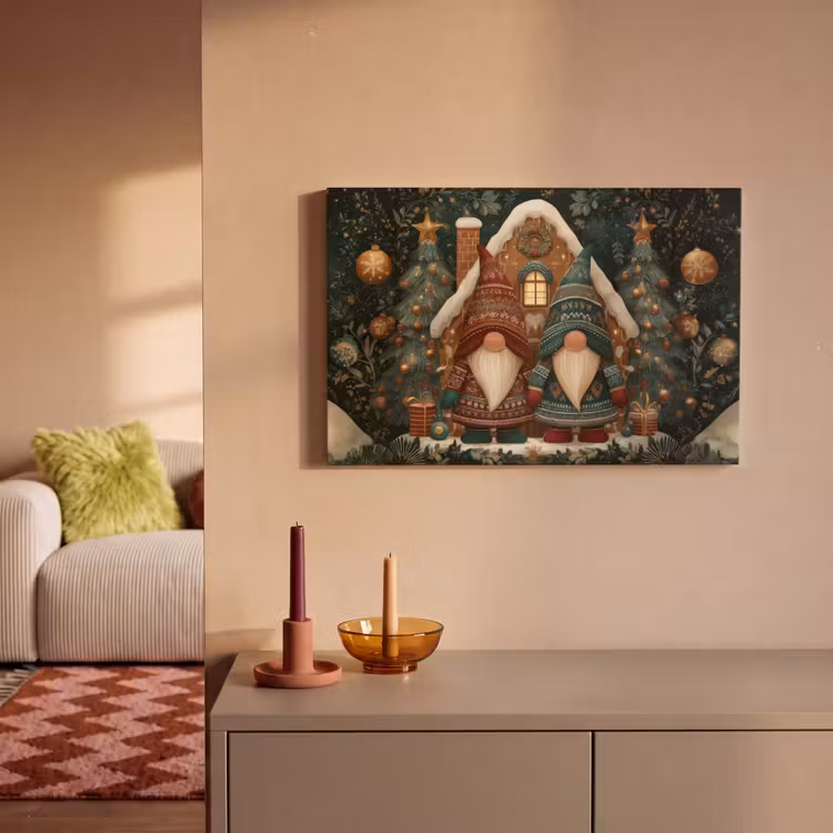 Canvas schilderij - Kerst - Gnomen - Peperkoekhuisje - Rood - Groen — 1