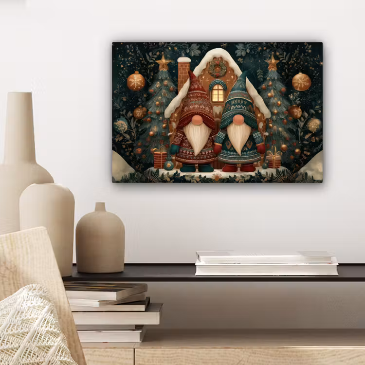 Canvas schilderij - Kerst - Gnomen - Peperkoekhuisje - Rood - Groen — 5