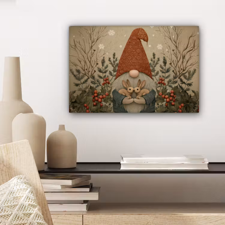Canvas schilderij - Kerstgnome - Konijntjes - Kleurrijk — 5