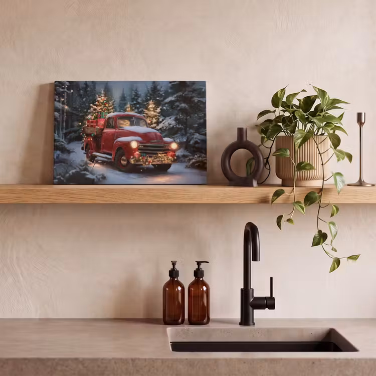 Canvas schilderij - Kersttruck - Sneeuwbos - Rood — 3