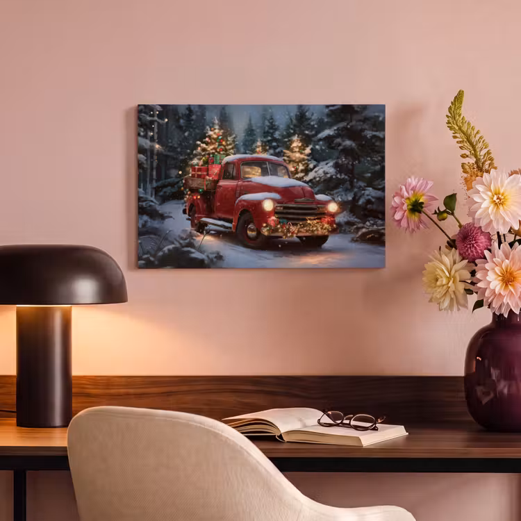 Canvas schilderij - Kersttruck - Sneeuwbos - Rood — 4
