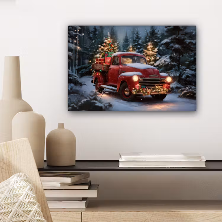 Canvas schilderij - Kersttruck - Sneeuwbos - Rood — 5