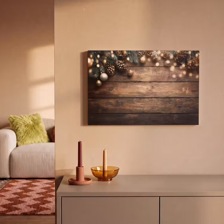 Canvas schilderij - Kerstdecoratie - Houten - Dennenappel - Bruin — 2