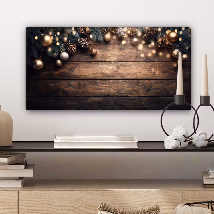 Canvas schilderij - Kerstdecoratie - Houten - Dennenappel - Bruin — 5