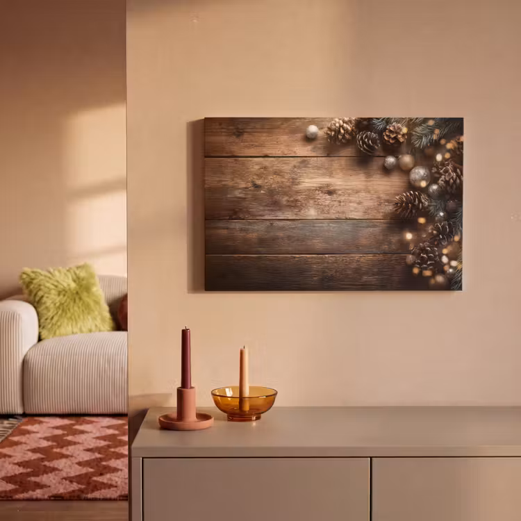 Canvas schilderij - Kersthoekdecoratie - Dennenappels - Lichtjes — 2