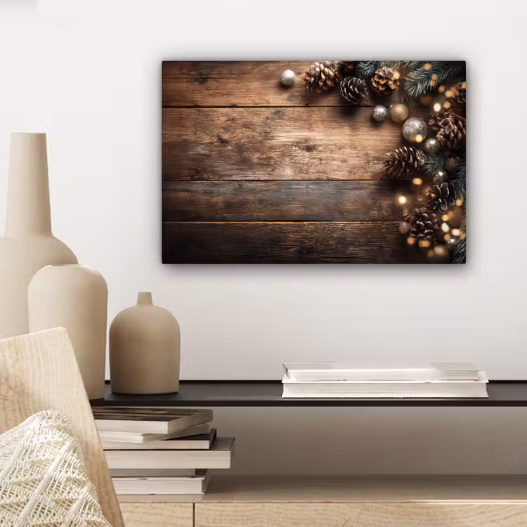Canvas schilderij - Kersthoekdecoratie - Dennenappels - Lichtjes — 4