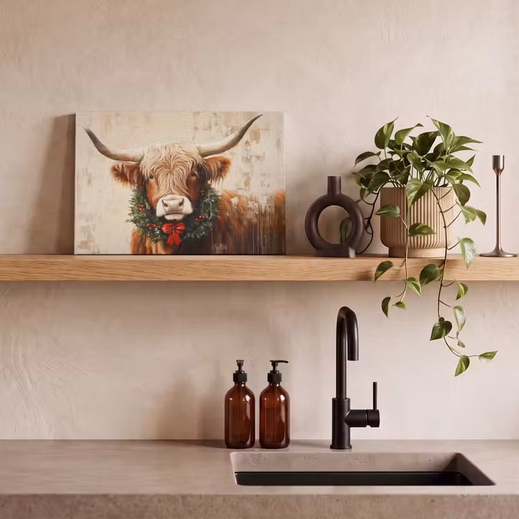 Canvas schilderij - Kerst - Schotse Hooglander - Bruin - Krans — 3