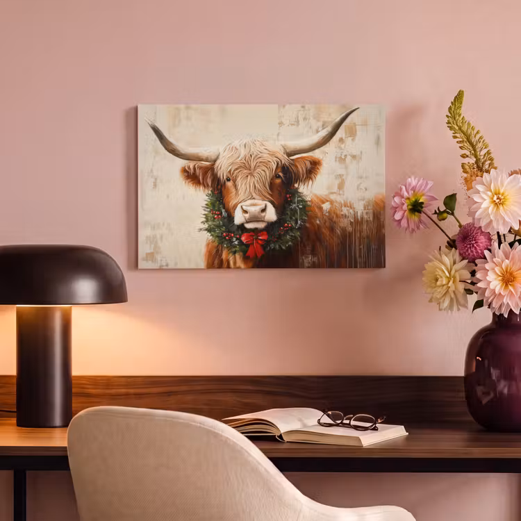 Canvas schilderij - Kerst - Schotse Hooglander - Bruin - Krans — 4