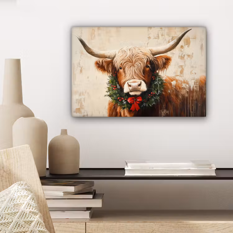 Canvas schilderij - Kerst - Schotse Hooglander - Bruin - Krans — 5