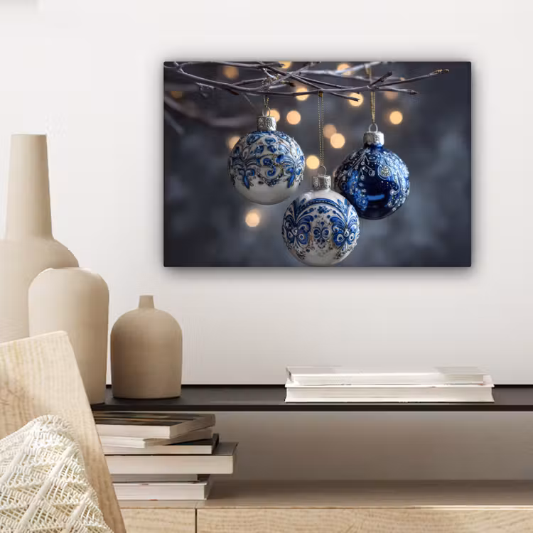 Canvas schilderij - Kerstbal - Versierd - Blauw — 5