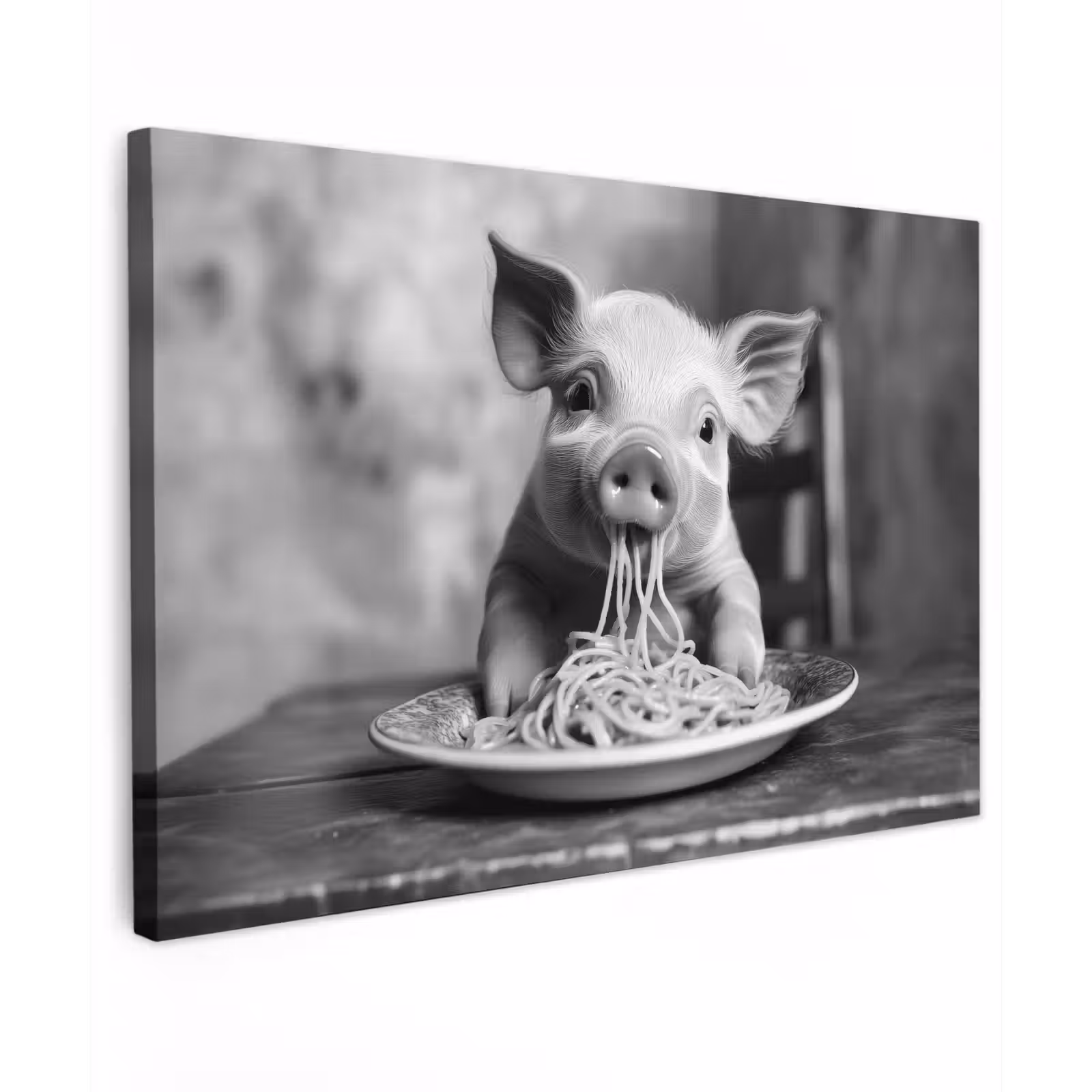 Canvas schilderij - Varken - Schattig - Spaghetti - Zwart wit - Dier — 1