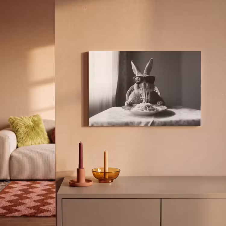 Canvas schilderij - Konijn - Bunny - Zonnebril - Tafelkleed - Pasta - Schattig — 2