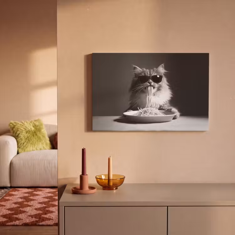 Canvas schilderij - Langharige kat - Zonnebril - Spaghetti - Humor - Zwart - wit — 2
