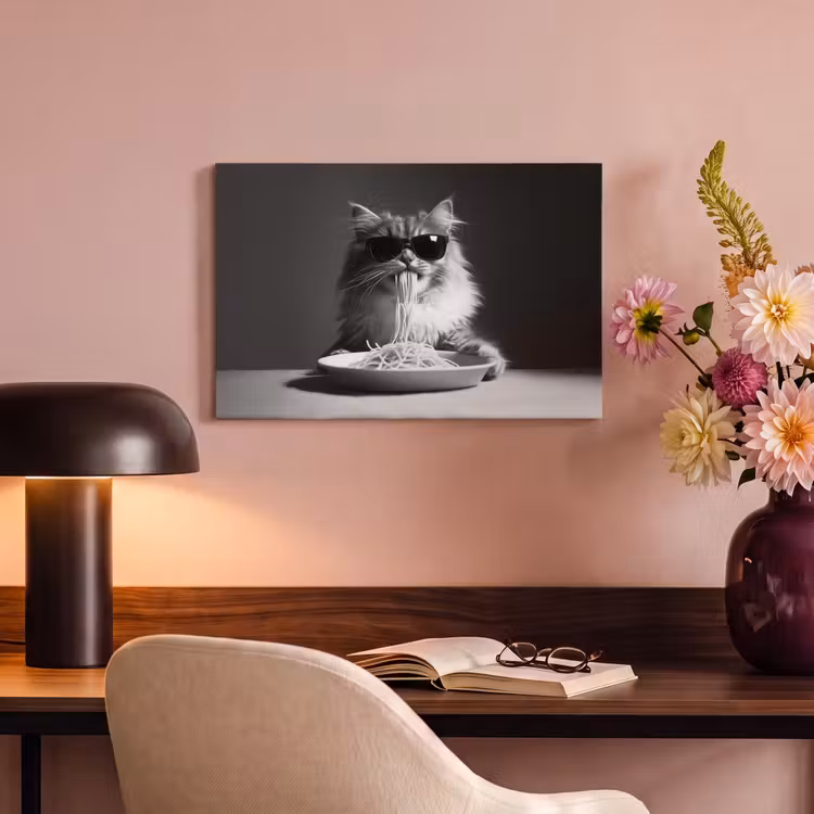 Canvas schilderij - Langharige kat - Zonnebril - Spaghetti - Humor - Zwart - wit — 4