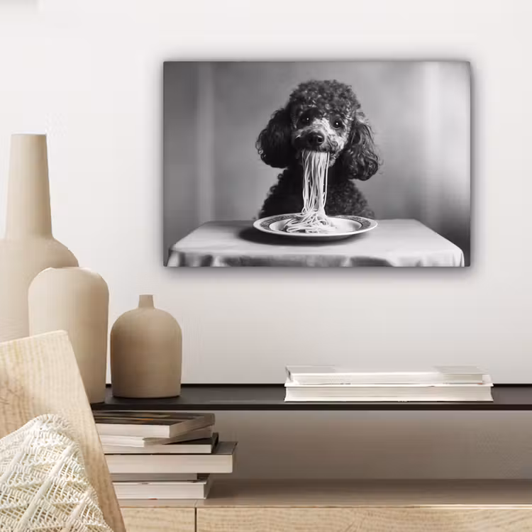 Canvas schilderij - Poedel - Hond - Zwart - Wit - Schattig - Pasta — 5