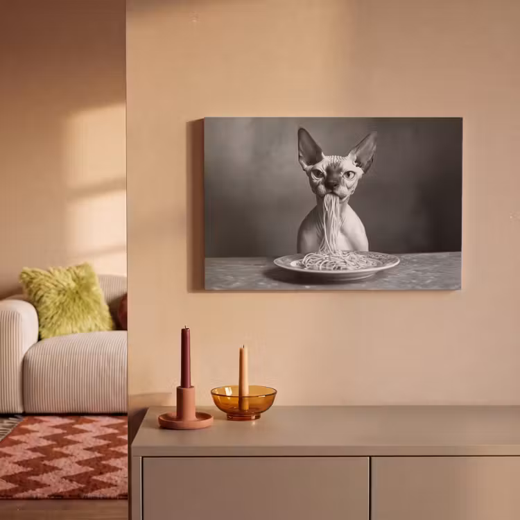 Canvas schilderij - Sphynx - Kat - Dieren - Humor - Spaghetti - Zwart Wit — 2
