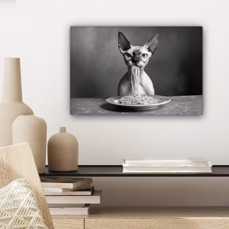 Canvas schilderij - Sphynx - Kat - Dieren - Humor - Spaghetti - Zwart Wit — 5
