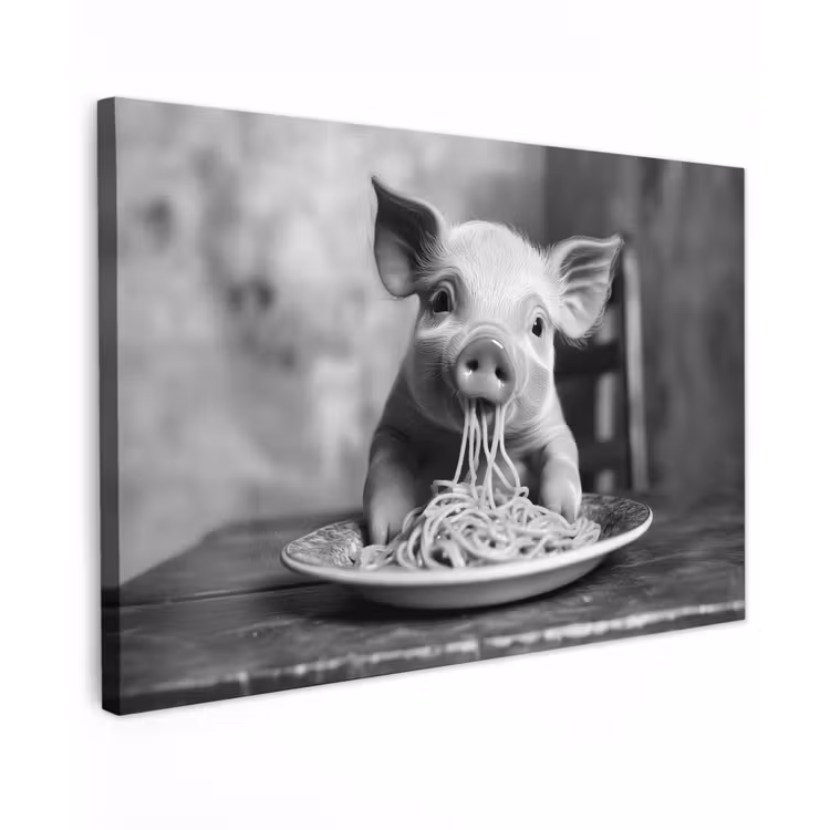 Canvas schilderij - Varken - Schattig - Spaghetti - Zwart wit - Dier — 1