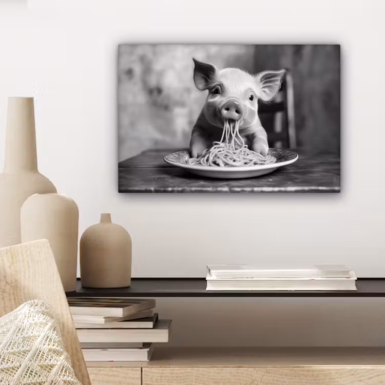 Canvas schilderij - Varken - Schattig - Spaghetti - Zwart wit - Dier — 5