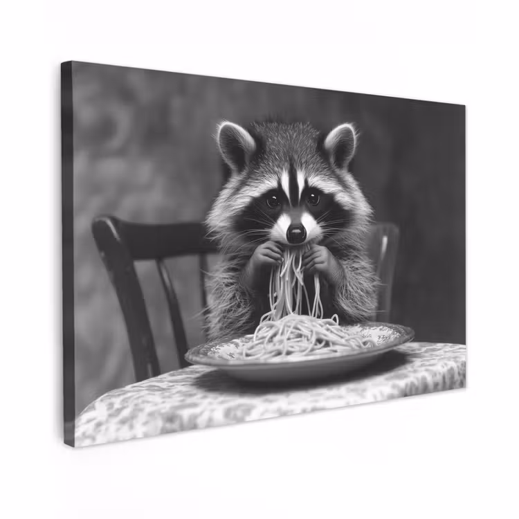 Canvas schilderij - Wasbeer - Cute - Pasta - Tafelkleed - Zwart - Wit — 1