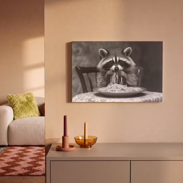 Canvas schilderij - Wasbeer - Cute - Pasta - Tafelkleed - Zwart - Wit — 2