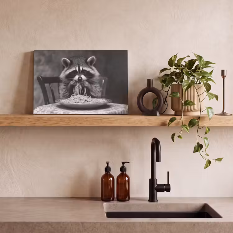 Canvas schilderij - Wasbeer - Cute - Pasta - Tafelkleed - Zwart - Wit — 3